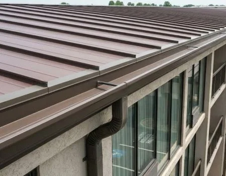 Brown metal roof with a coordinated gutter and downspout system attached along the edge of a commercial building with large windows