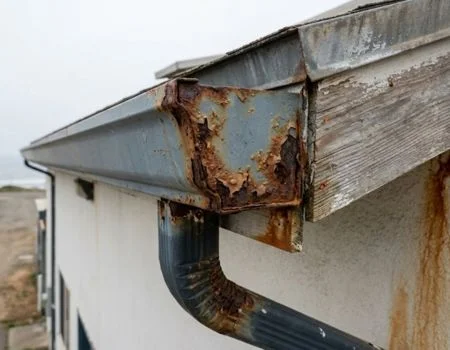 Close-up of a heavily rusted gutter corner and downspout with visible corrosion, peeling metal, and structural deterioration