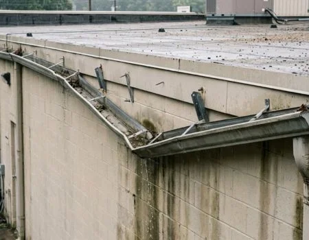 Severely damaged gutter hanging away from a building wall with bent brackets, debris buildup, and water stains running down the exterior