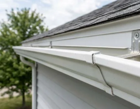 Close-up view of a white gutter attached to the edge of a roof, showing a clean and well-aligned installation on a residential home