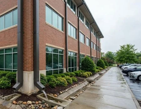 Brick commercial building with large windows and downspouts channeling water into a ground drainage system beside a landscaped walkway