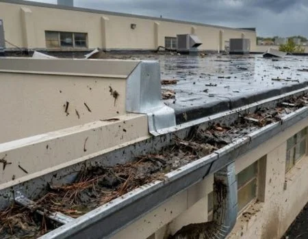 
Gemini said
A close-up shot of a commercial building's flat roof and gutter system heavily clogged with wet leaves, pine needles, and organic debris. Muddy buildup is visible inside the metal gutter and splattered against the beige exterior wall, demonstrating the need for professional gutter cleaning and maintenance.