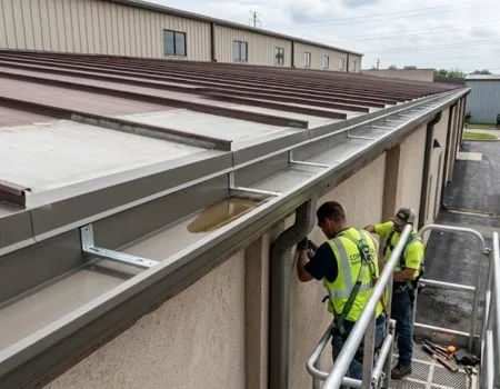Two gutter installation professionals prepare a long section of seamless aluminum gutter on a residential street. One technician in a red shirt stands by a tripod support, while another in a camouflage shirt uses a tool to adjust the far end of the gutter. The shiny, metallic gutter spans the foreground, supported by specialized stands, with a row of colorful houses and parked cars in the background under a bright, sunny sky.