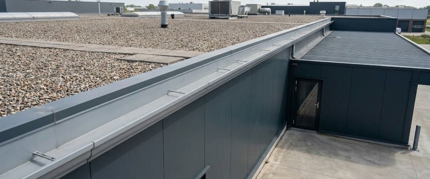 A high-angle shot of a clean, modern commercial box gutter system installed along the edge of a flat industrial roof. The sleek grey metal gutter is perfectly maintained and debris-free, featuring internal cross-braces for support. The system is mounted against dark grey siding, showcasing a professional gutter installation on a contemporary building.