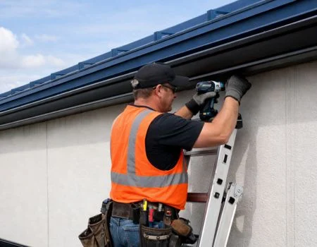 Technician wearing safety gear uses a power drill while standing on a ladder to install a gutter along the edge of a residential roof