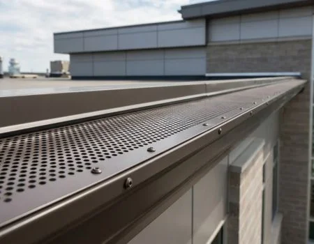 Perforated metal gutter guard securely fastened over a gutter along a building roofline to keep leaves and debris out