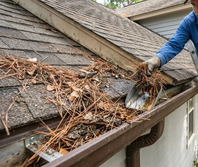 Close-up of gutter cleaning with a gloved hand using a scoop to remove pine needles and buildup from a roof gutter