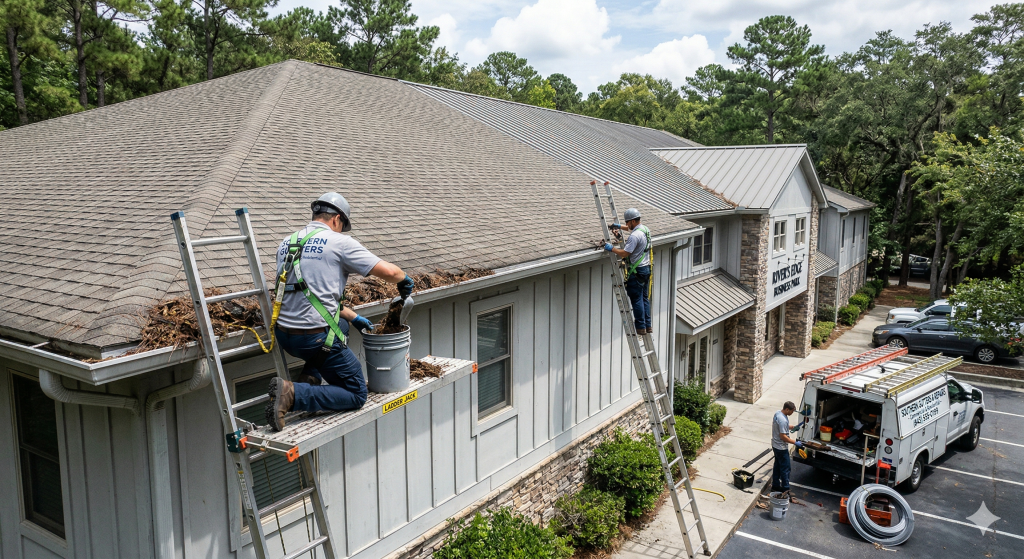 Professional gutter cleaning crew removing leaves and debris from roof gutters on a residential property