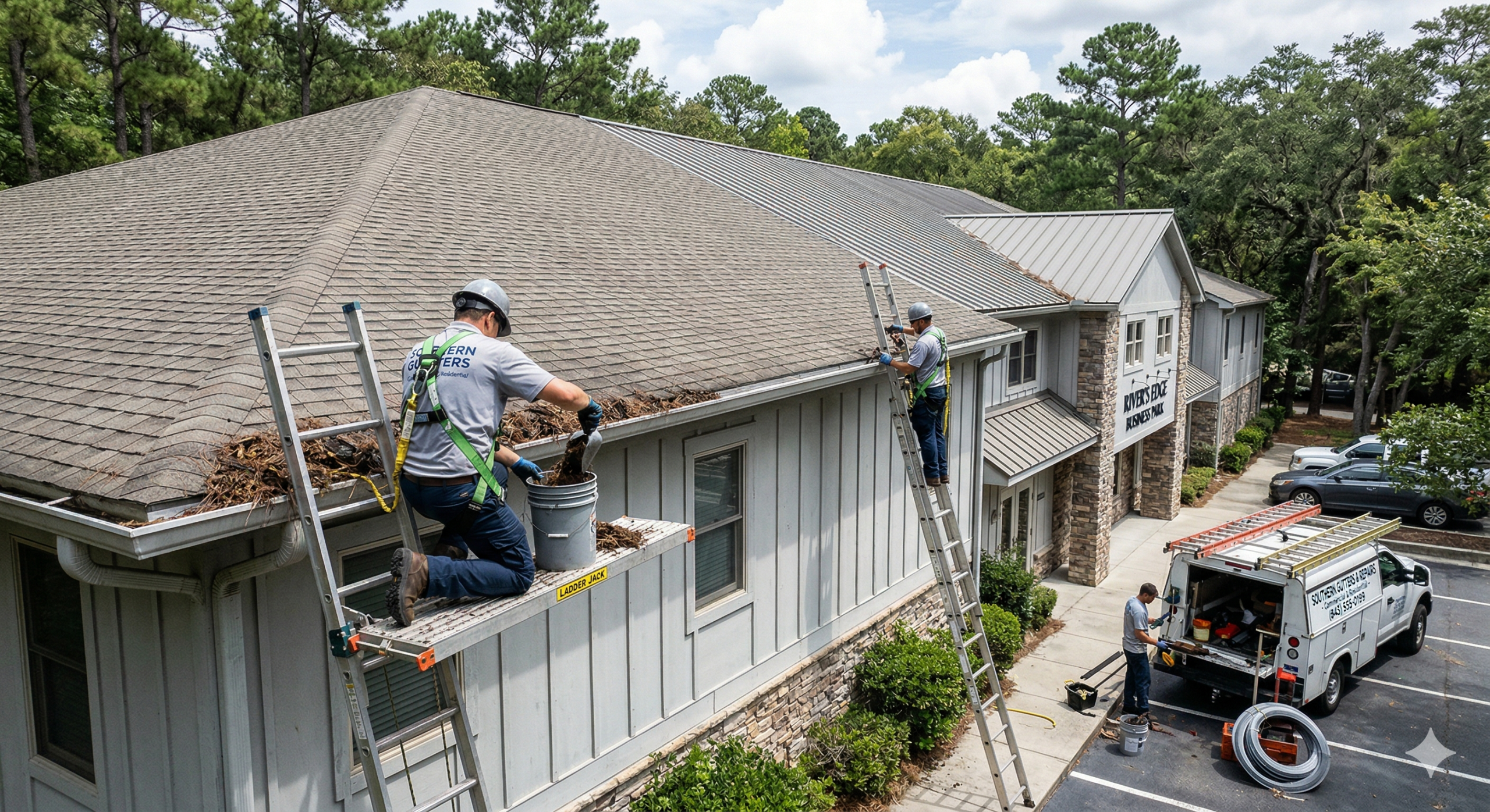 Gutter technicians cleaning debris from clogged gutters on a residential building using ladders and safety harnesses