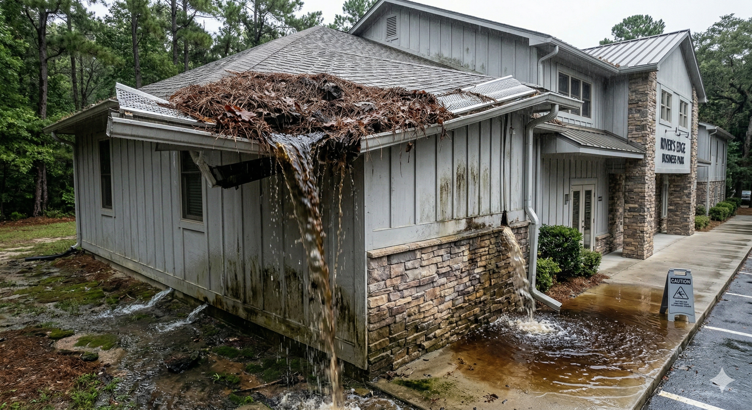 Overflowing clogged gutters spilling water over the edge of a home due to heavy debris buildup