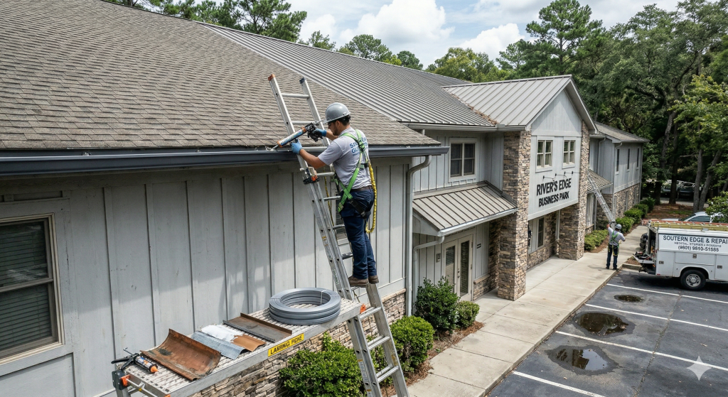 Gutter repair technician securing and sealing gutter system on a residential home exterior