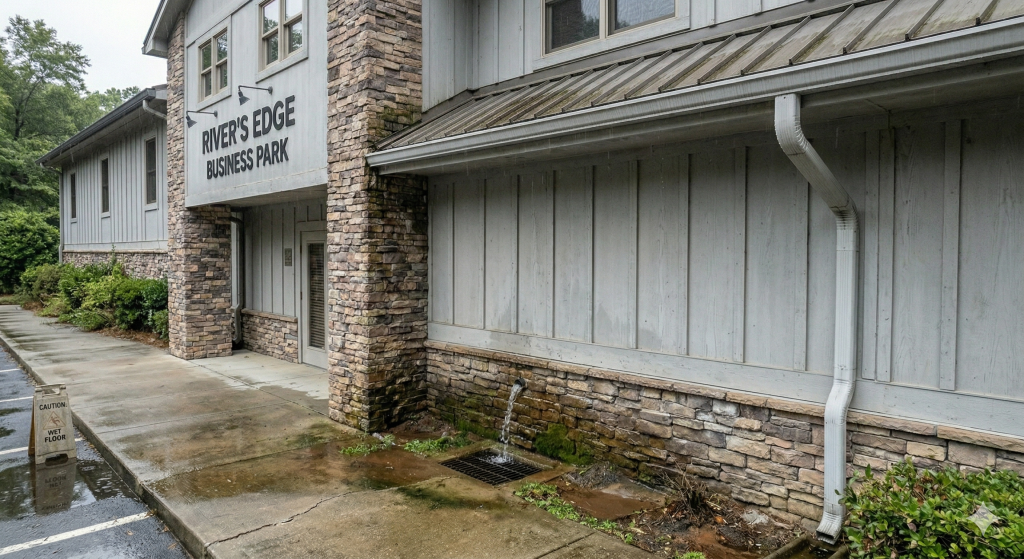 Downspout draining water near building foundation causing pooling and runoff along exterior wall