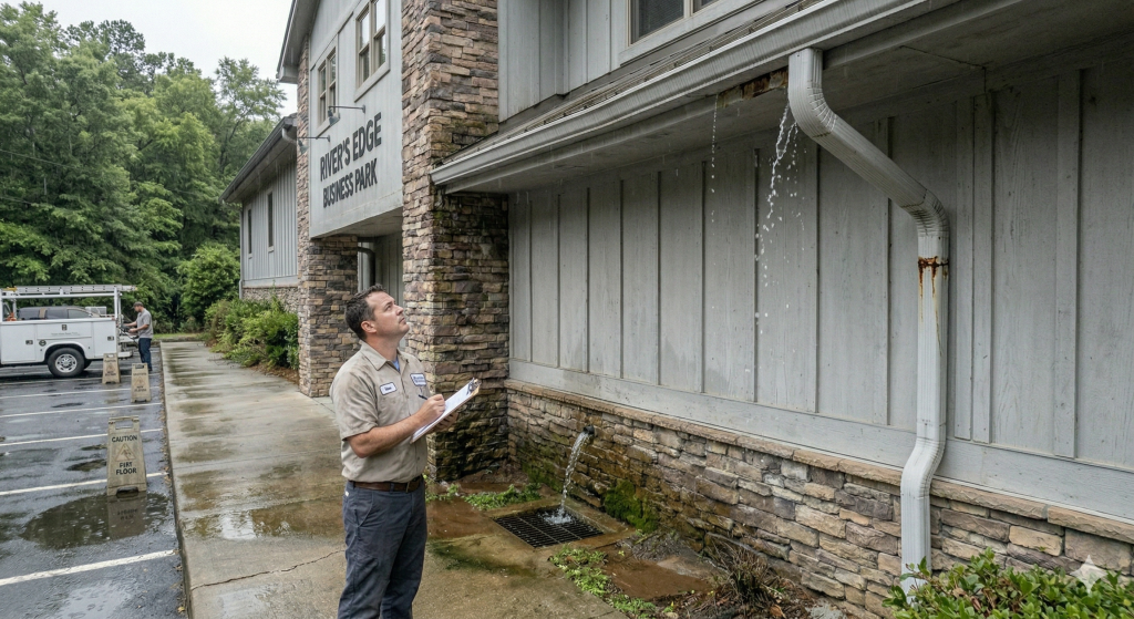 Gutter inspection showing leaking gutter and downspout causing water damage on building exterior