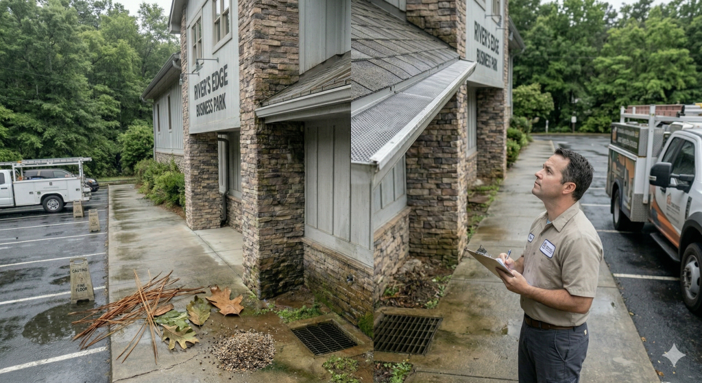 Technician inspecting gutter system while debris sits on the ground and a gutter guard is visible along the roof edge of a commercial building