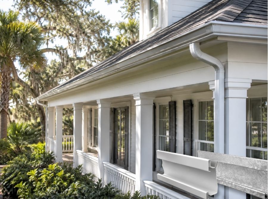 Bluffton SC coastal home with seamless aluminum gutters and Galvalume gutter comparison on luxury Lowcountry architecture