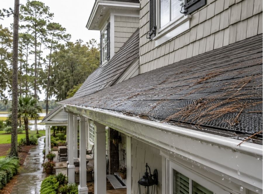 Bluffton SC home with micro-mesh gutter guards handling pine needles during rain, protecting seamless gutters beneath longleaf pine trees.