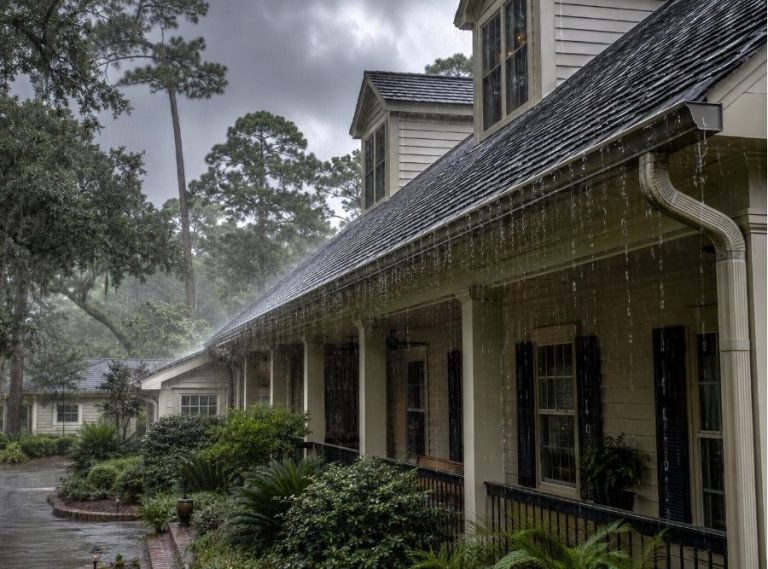 Bluffton SC home with oversized seamless gutters handling heavy summer rainstorm and protecting upscale Lowcountry property