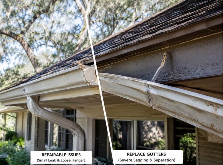 Hilton Head SC home showing repairable gutter issues versus severely sagging gutters needing full replacement on a Lowcountry property