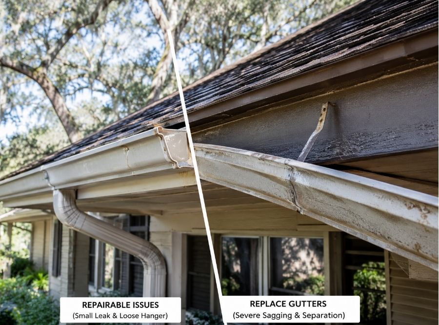 Hilton Head SC home showing repairable gutter issues versus severely sagging gutters needing full replacement on a Lowcountry property
