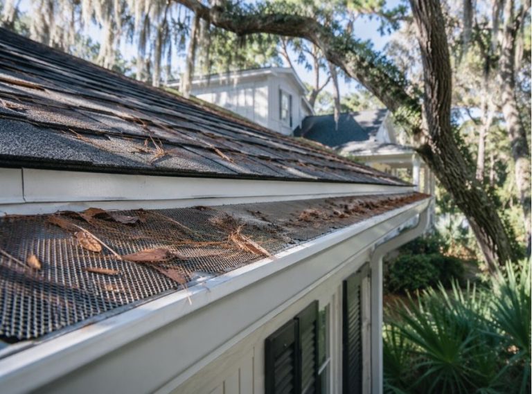 Hilton Head SC home with micro-mesh gutter guards blocking pine needles and live oak debris on a Lowcountry property