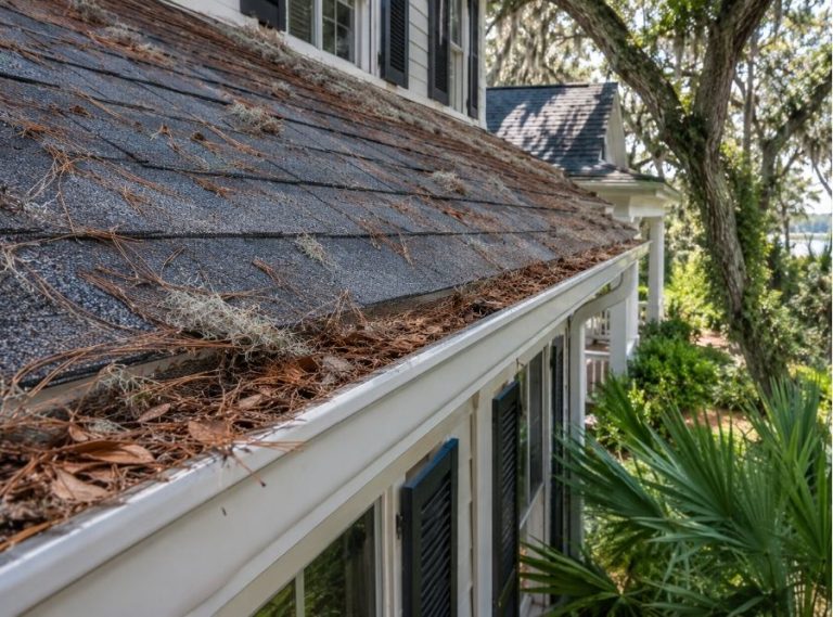Hilton Head Island home with gutters near live oaks and pine trees showing seasonal debris buildup and maintenance needs