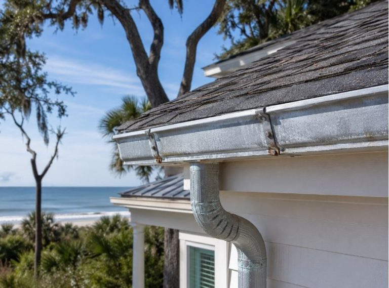 Hilton Head Island coastal home with salt-air exposed gutters showing early corrosion and oxidation near the Atlantic shoreline