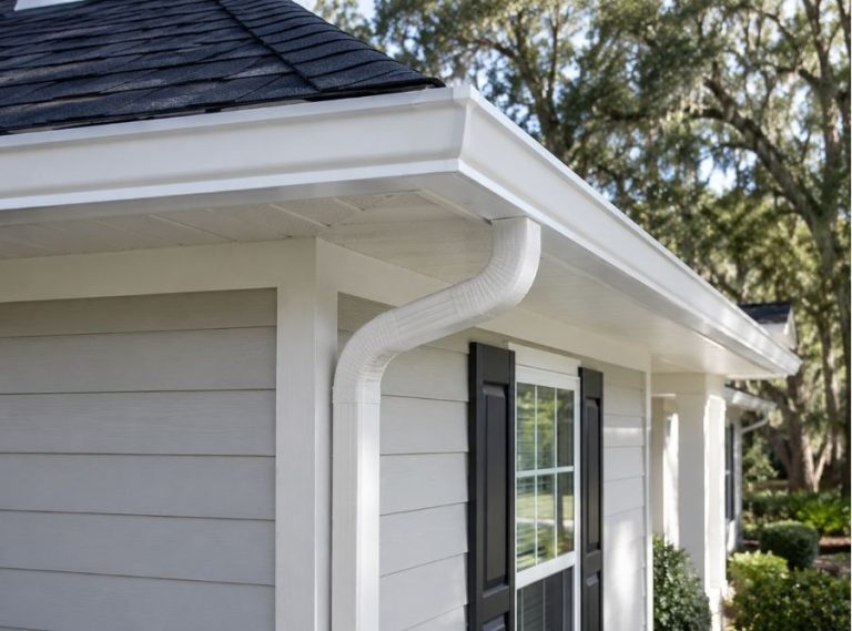 Bluffton, SC home exterior with newly installed white seamless aluminum gutters and downspouts, clean roofline, landscaped yard, and mature live oak trees in bright daylight.