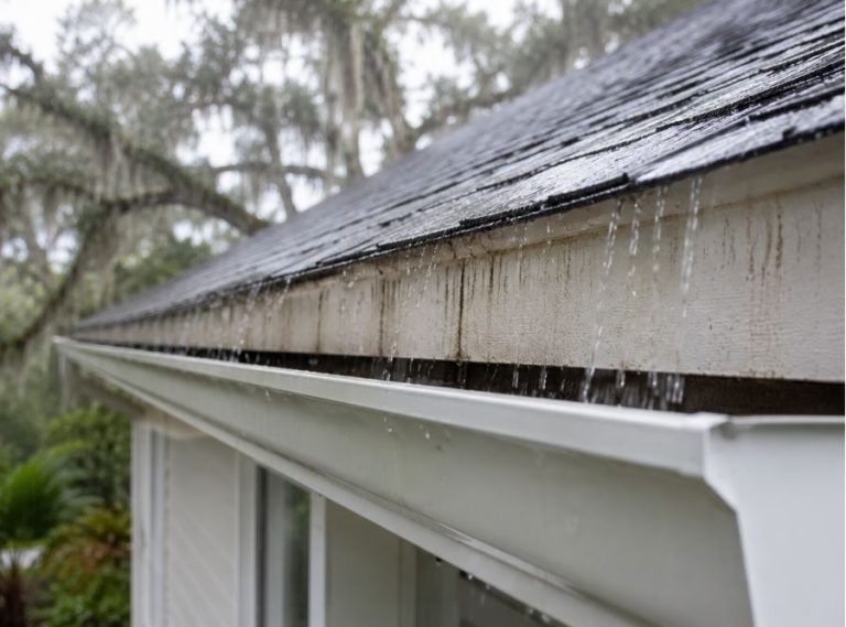 Rainwater running behind a white seamless gutter on a Bluffton, SC home, causing fascia board staining and highlighting roof drainage issues during a light rainstorm.