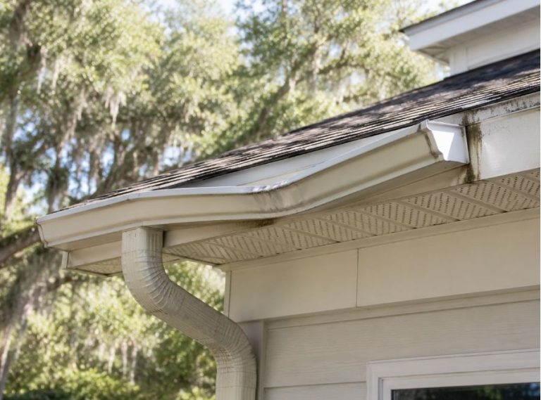 Sagging residential aluminum gutter with water staining on a Bluffton, SC home, showing common signs of gutter repair or replacement needs in a Lowcountry setting.